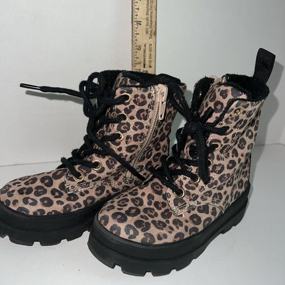 H&M Little Girls 8.5 Warm-lined Boots with Laces Light beige/leopard print - Picture 3 of 7